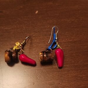 Handmade Pink Drop Earrings with Wood Accent
